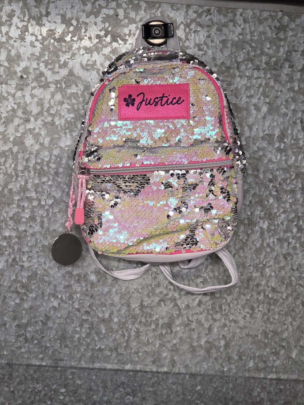 Justice Girls Silver Sequin Mini Backpack Pink Faux Leather - 2022